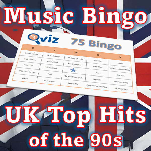 Gjør deg klar til å gjenoppleve musikkens største epoke med vårt "UK Top Hits of the 90s" musikkbingospill! De mest solgte 90-tallssangene i Storbritannia.