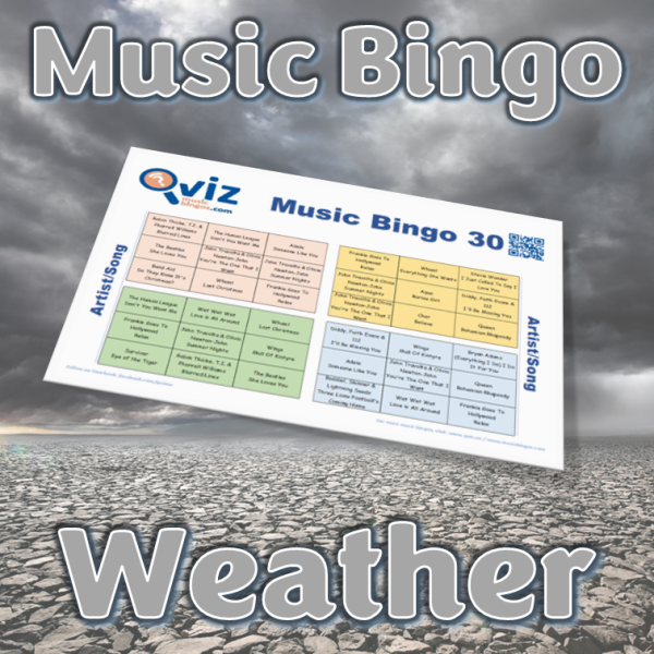 Musikk bingo med 30 sanger som alle handler om været. Du får med PDF fil med 100 bingobrett og link til Spotify spilleliste.