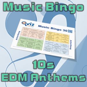 10s EDM Anthems Musikk Bingo 30 inneholder 30 EDM bangerz fra 2010 tallet, og vil gi en oppfriskning av det siste tiårets største hits fra dansegulvet.