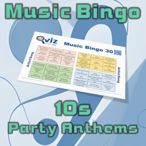 10s Party Anthems Musikk Bingo 30 inneholder 30 kjente sanger fra ulike sjangre fra tiåret som løfte festen, og gi en oppfriskning av tiårets største hits.