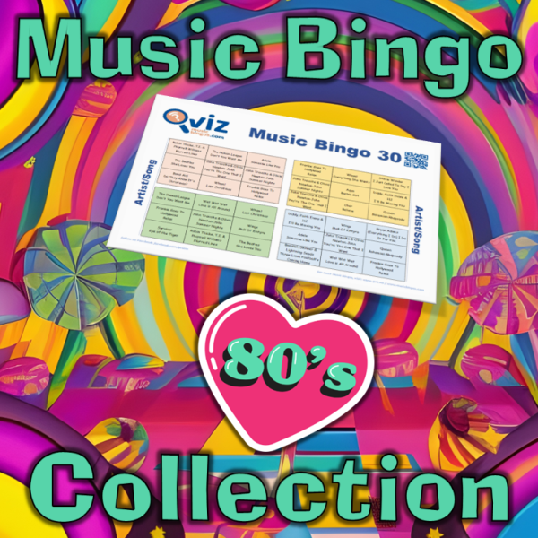80s Collection Musikk Bingo 30 inneholder 12 forskjellige musikk bingoer innen ulike temaer fra åttiårene, og gil gi mange timer med underholdning!