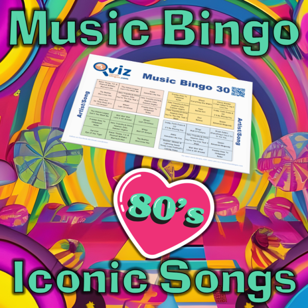 80s Iconic Songs Musikk Bingo 30 inneholder 30 ikoniske sanger fra åttitallet, og vil gi en nostalgisk opplevelse for deg og dine venner.