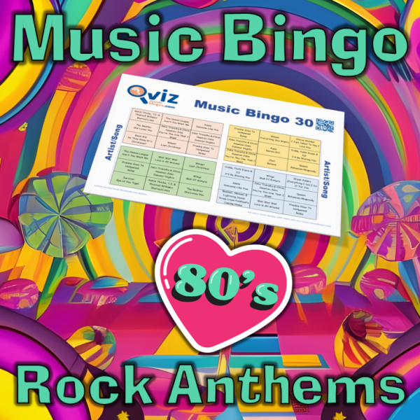 80s Rock Anthems Musikk Bingo 30 inneholder 30 klassiske rocke sanger fra åttiårene, og vil gi en nostalgisk opplevelse for deg og dine venner.