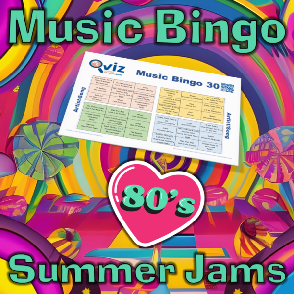 80s Summer Jams Musikk Bingo 30 inneholder 30 klassiske sanger fra åttiårene som gir følelse av sommer, og en nostalgisk opplevelse for deg og dine venner.