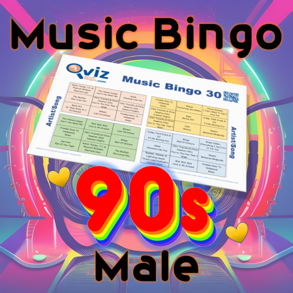 90s Male Musikk Bingo 30 inneholder 30 sanger fra mannlige artister fra nittiårene, og vil gi deg og dine venner en nostalgisk opplevelse.