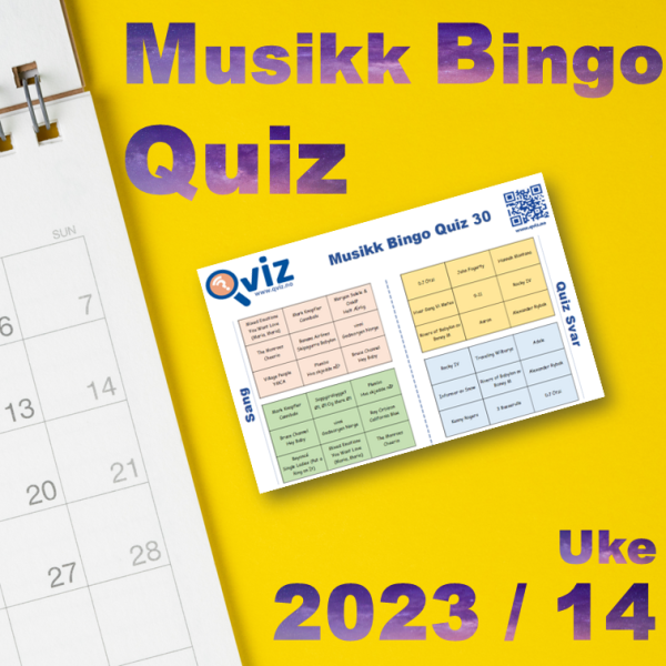 Musikkbingo kombinert med quiz. Variert musikk, med spørsmål til hver sang. Nytt produkt ukentlig. 30 sanger med 30 spørsmål. Uke 2023/14.