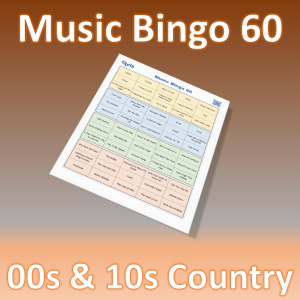 Musikk bingo med 60 country sanger fra 2000 og 2010 tallet. Tilgang til PDF fil med 100 bingobrett og link til Spotify spilleliste.