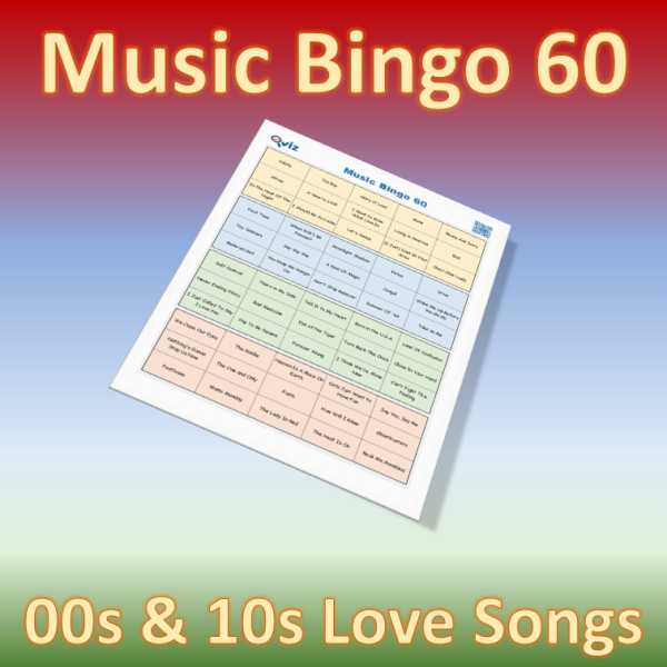 Musikk bingo med 60 rolige sanger fra 2000 og 2010 tallet. Tilgang til PDF fil med 100 bingobrett og link til Spotify spilleliste.