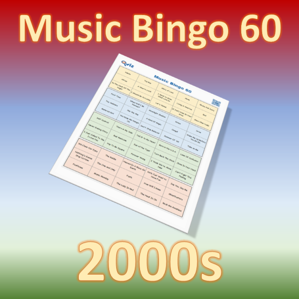 Musikk bingo med 60 kjente sanger fra 2000 tallet. Tilgang til PDF fil med 100 bingobrett og link til Spotify spilleliste.
