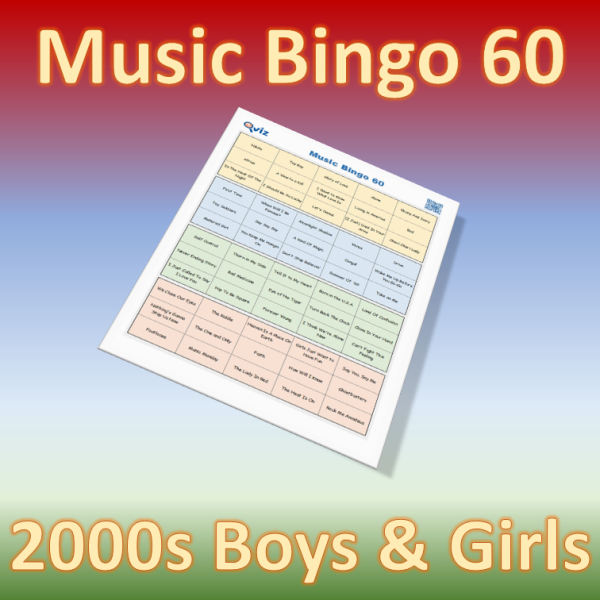 Musikk bingo med 60 kjente sanger fra 2000 tallet. Tilgang til PDF fil med 100 bingobrett og link til Spotify spilleliste.