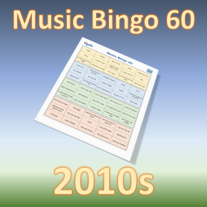 Musikk bingo med 60 kjente sanger fra 2010 tallet. Tilgang til PDF fil med 100 bingobrett og link til Spotify spilleliste.