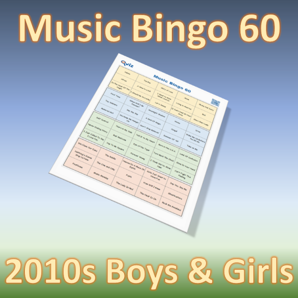 Musikk bingo med 60 kjente sanger fra 2010 tallet. Tilgang til PDF fil med 100 bingobrett og link til Spotify spilleliste.