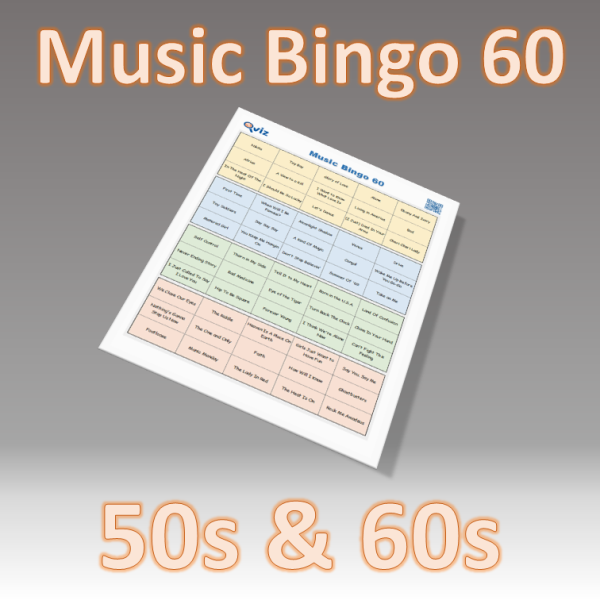 Musikk bingo med 60 kjente sanger fra 1950 og 1960 tallet. Tilgang til PDF fil med 100 bingobrett og link til Spotify spilleliste.