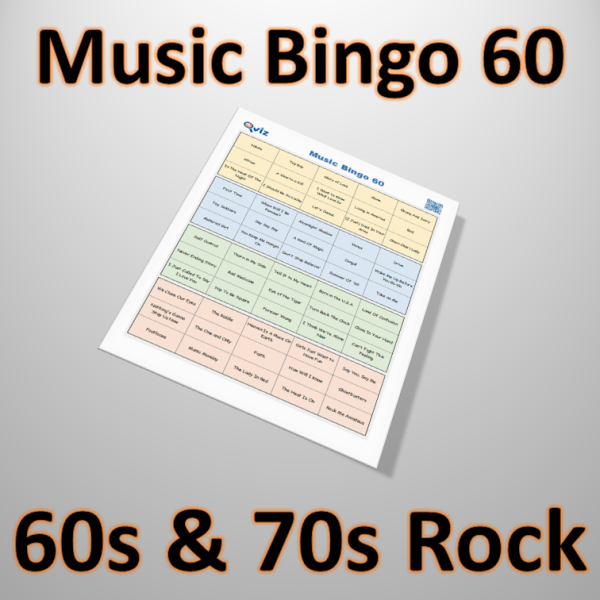 Musikk bingo med 60 kjente rocke sanger fra 1960 og 1970 tallet. Tilgang til PDF fil med 100 bingobrett og link til Spotify spilleliste.