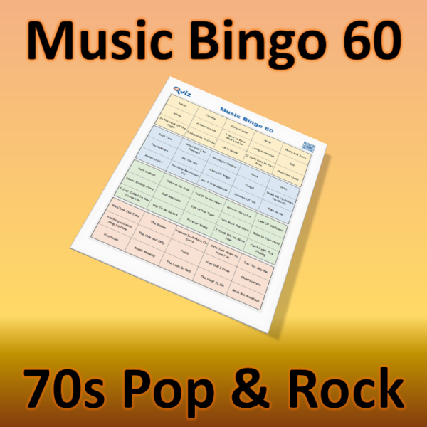Musikk bingo med 60 kjente pop og rocke sanger fra 1970 tallet. Tilgang til PDF fil med 100 bingobrett og link til Spotify spilleliste.