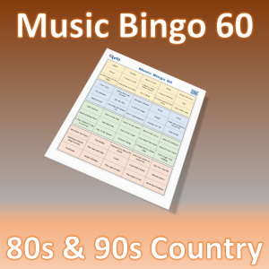 Musikk bingo med 60 country sanger fra 1980 og 1990 tallet. Tilgang til PDF fil med 100 bingobrett og link til Spotify spilleliste.
