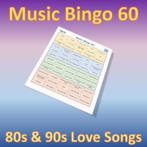 Musikk bingo med 60 rolige sanger fra 1980 og 1990 tallet. Tilgang til PDF fil med 100 bingobrett og link til Spotify spilleliste.
