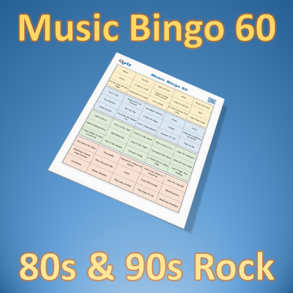 Musikk bingo med 60 kjente rocke sanger fra 1980 og 1990 tallet. Tilgang til PDF fil med 100 bingobrett og link til Spotify spilleliste.
