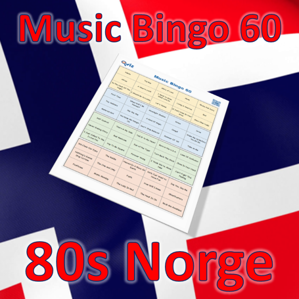 Musikk bingo med 60 kjente norske sanger fra 1980 tallet. Tilgang til PDF fil med 100 bingobrett og link til Spotify spilleliste.
