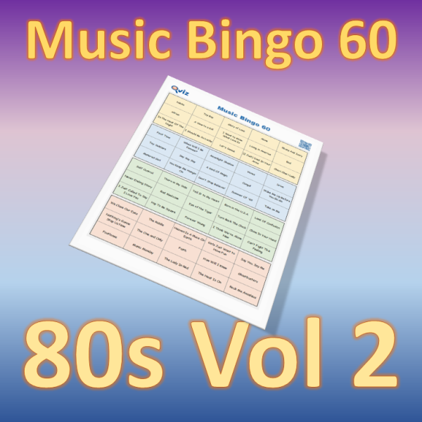 Musikk bingo med 60 kjente sanger fra 1980 tallet. Tilgang til PDF fil med 100 bingobrett og link til Spotify spilleliste.