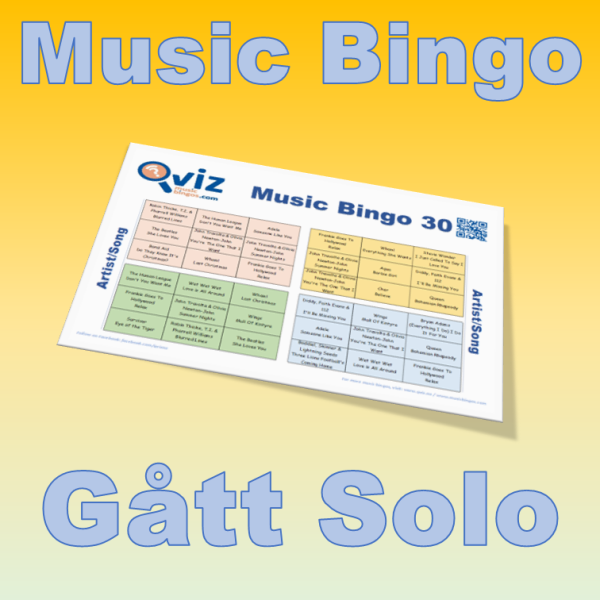 Musikk bingo med 30 sanger av artister som har gått solo. Test dine venner og bli bedre kjent med artisten. PDF med 100 bingobrett og Spotify spilleliste.
