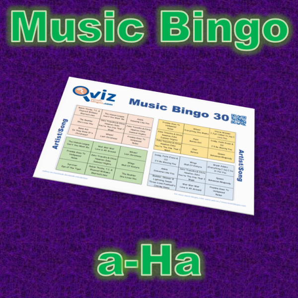 Musikk bingo med 30 sanger av a-ha. Test dine venner og bli kjent med a-ha sine sanger. PDF fil med 100 bingobrett og link til Spotify spilleliste.