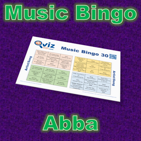 Musikk bingo med 30 sanger av Abba. Test dine venner og bli kjent med Abba sine sanger. PDF fil med 100 bingobrett og link til Spotify spilleliste.