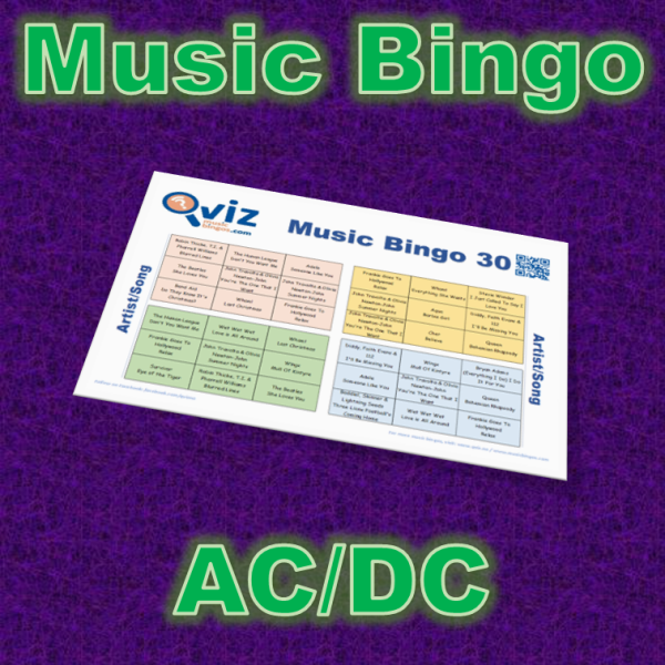 Musikk bingo med 30 sanger av AC/DC. Test dine venner og bli kjent med AC/DC sine sanger. PDF fil med 100 bingobrett og link til Spotify spilleliste.