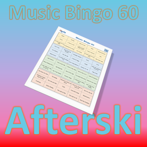 Musikk bingo med 60 klassiske afterski sanger. Her blir det høy partyfaktor og allsang. PDF fil med 100 bingobrett og link til Spotify spilleliste.