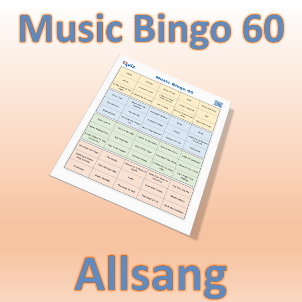 Musikk bingo med 60 klassiske allsang sanger. Her blir det høy partyfaktor og allsang. PDF fil med 100 bingobrett og link til Spotify spilleliste.