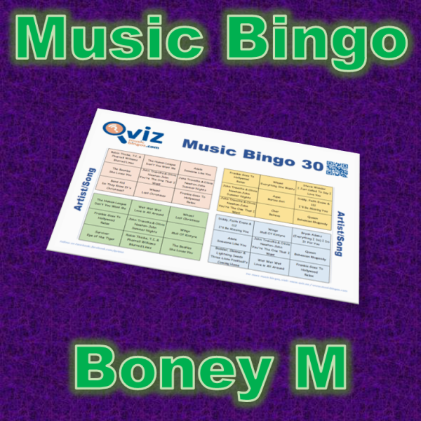Musikk bingo med 30 sanger av Boney M. Test dine venner og bli kjent med deres sanger. PDF fil med 100 bingobrett og link til Spotify spilleliste.