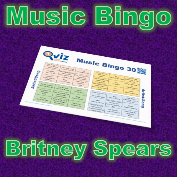 Musikk bingo med 30 sanger av og med Britney Spears. Test dine venner og bli bedre kjent med artisten. PDF med 100 bingobrett og Spotify spilleliste.