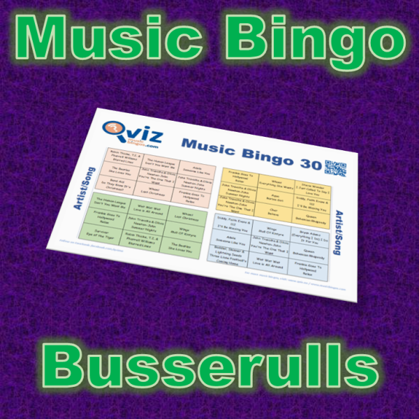 Musikk bingo med 30 sanger av Busserulls. Test dine venner og bli kjent med deres sanger. PDF fil med 100 bingobrett og link til Spotify spilleliste.
