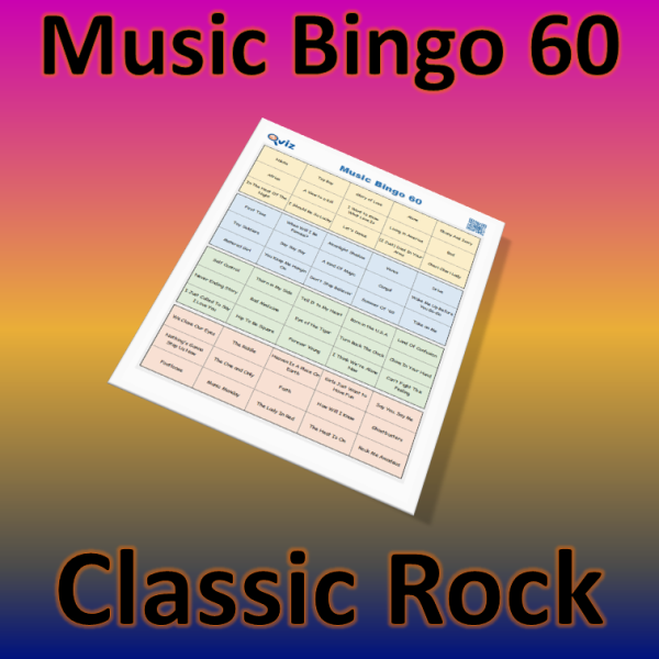 Musikk bingo med 60 klassiske rocke sanger. Test dine venner i sjangeren og nyt god musikk. PDF fil med 100 bingobrett og link til Spotify spilleliste.