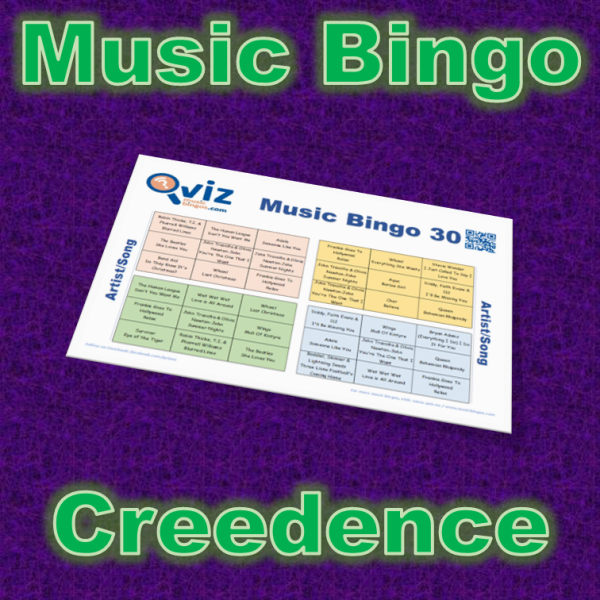 Musikk bingo med 30 sanger av CCR. Test dine venner og bli kjent med deres sanger. PDF fil med 100 bingobrett og link til Spotify spilleliste.