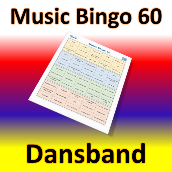 Musikk bingo med 60 dansband sanger. Test dine venner i sjangeren og syng med til kjente sanger. PDF fil med 100 bingobrett og link til Spotify spilleliste.