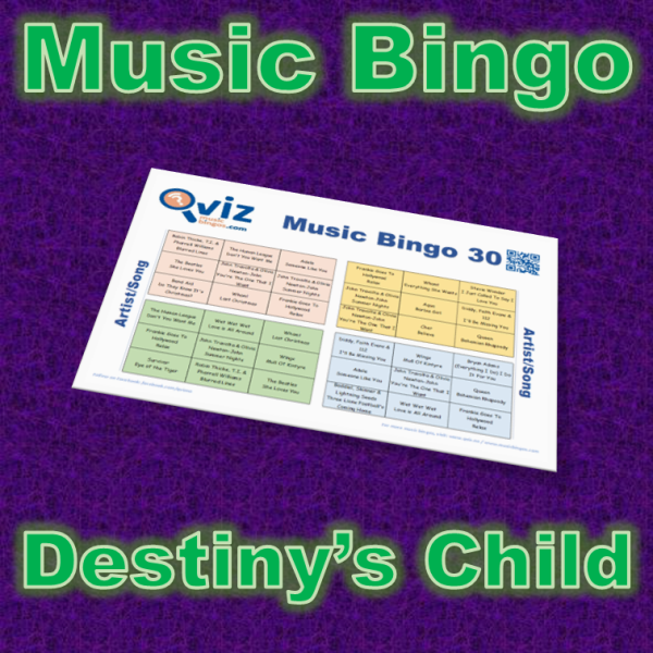 Musikk bingo med 30 sanger av og med artistene i Destiny's Child. Fin måte å bli bedre kjent med artistene. PDF med 100 bingobrett og Spotify spilleliste.