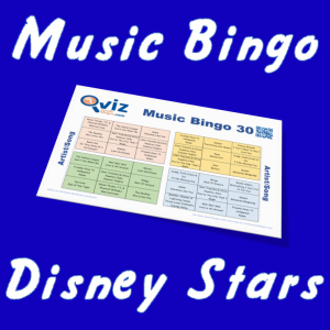 Musikk bingo med 30 sanger av og med Disney stjerner. Test dine venner og bli bedre kjent med artisten. PDF med 100 bingobrett og Spotify spilleliste.