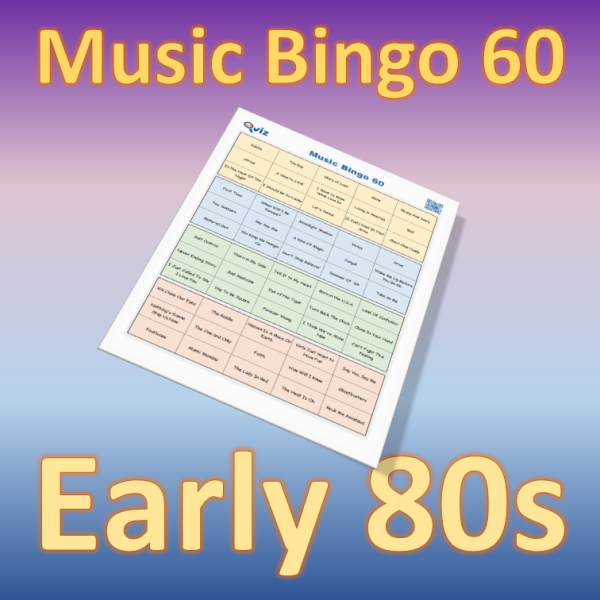 Musikk bingo med 60 kjente sanger fra de første årene av 1980 tallet. Tilgang til PDF fil med 100 bingobrett og link til Spotify spilleliste.