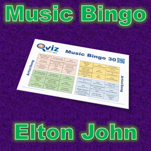Musikk bingo med 30 sanger av Elton John. Test dine venner og bli kjent med hans største hits. PDF fil med 100 bingobrett og link til Spotify spilleliste.