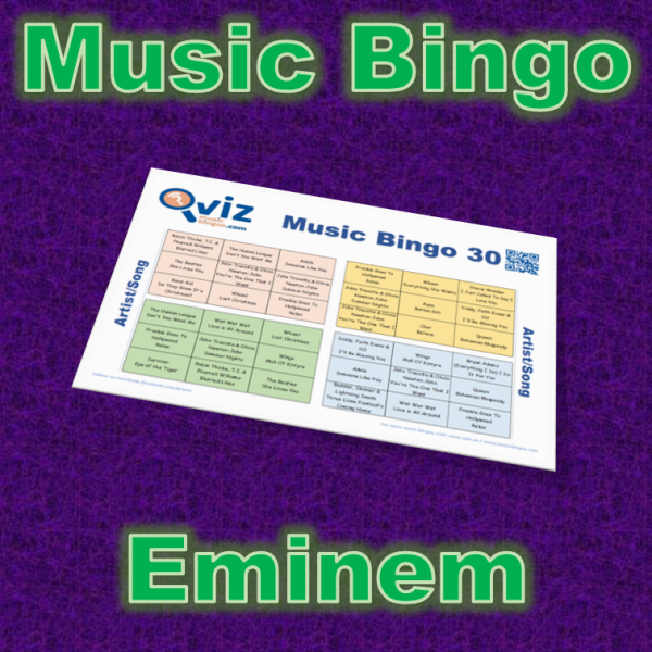 Musikk bingo med 30 sanger av Eminem. Test dine venner og bli kjent med hans største hits. PDF fil med 100 bingobrett og link til Spotify spilleliste.