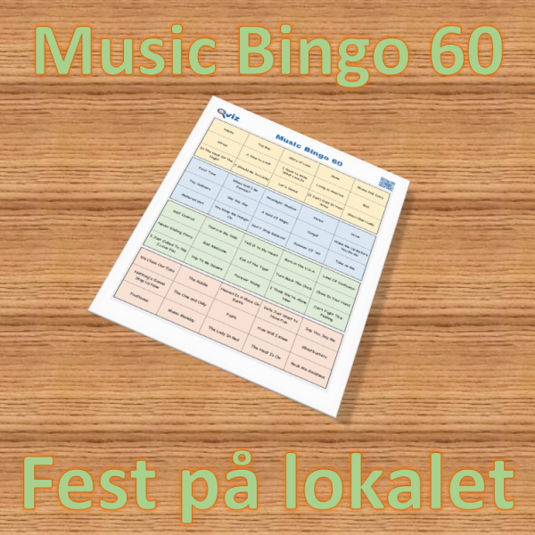 Musikk bingo med 60 sanger som passer til festen på lokalet. Her får du høy allsang faktor. PDF fil med 100 bingobrett og link til Spotify spilleliste.