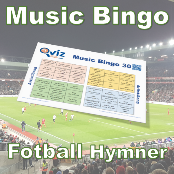 Musikk bingo med 30 sanger relatert til fotball. Test dine venner og bli bedre kjent med artister og fotballag. PDF med 100 bingobrett og spilleliste.