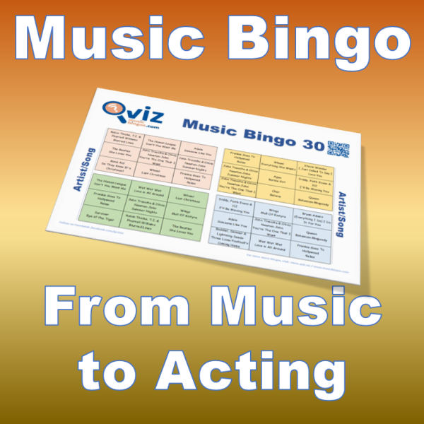 Musikk bingo med 30 sanger fra artister som har blitt skuespillere. PDF fil med 100 bingo brett og link til Spotify spilleliste er inkludert.