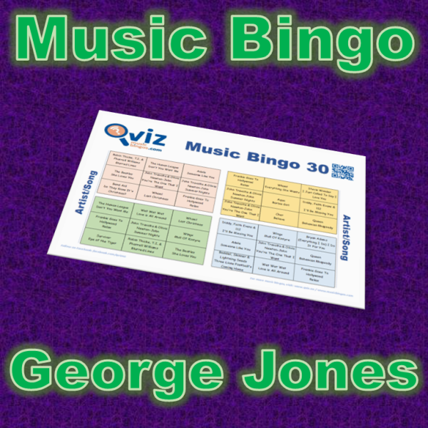 Musikk bingo med 30 country sanger av George Jones. Test dine venner og bli kjent med hans største hits. PDF fil med 100 bingobrett og link til Spotify spilleliste.