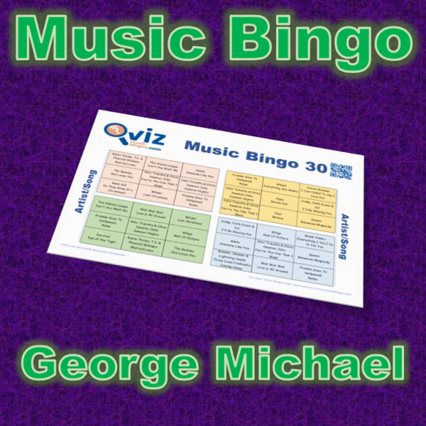 Musikk bingo med 30 sanger av George Michael og Wham. Her får du deres største hits. PDF fil med 100 bingobrett og link til Spotify spilleliste.