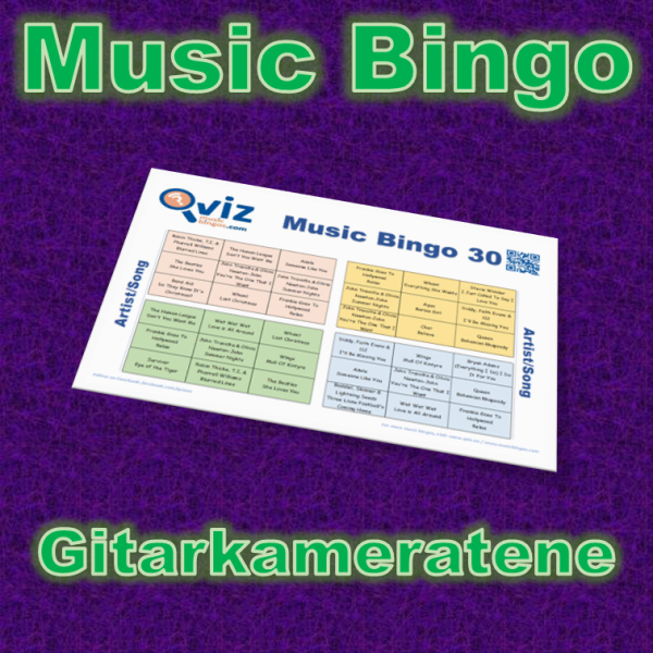 Musikk bingo med 30 sanger av Gitarkameratene og artistene i bandet. PDF fil med 100 bingobrett og link til Spotify spilleliste.