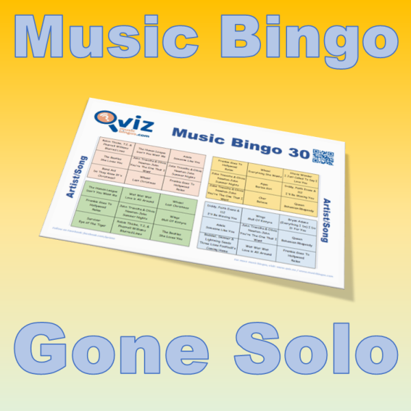 Musikk bingo med 30 sanger av artister som har gått solo. Test dine venner og bli bedre kjent med artisten. PDF med 100 bingobrett og Spotify spilleliste.