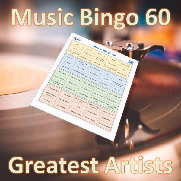 Musikk bingo med 60 sanger av de største artistene i verden. Du får med PDF fil med 100 bingobrett og link til Spotify spilleliste.