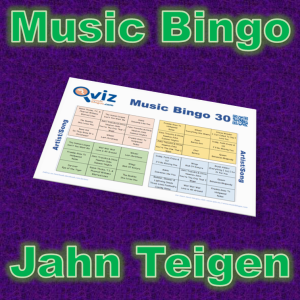 Musikk bingo med 30 sanger av Jahn Teign. Her får du hans største hits. PDF fil med 100 bingobrett og link til Spotify spilleliste.
